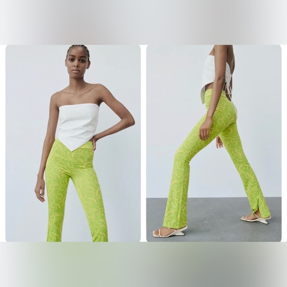 Zara| Neon Green Marbled 70’s Style Wide Leg Pull On Pants, Flare w Slit•••NWT - Picture 3 of 16